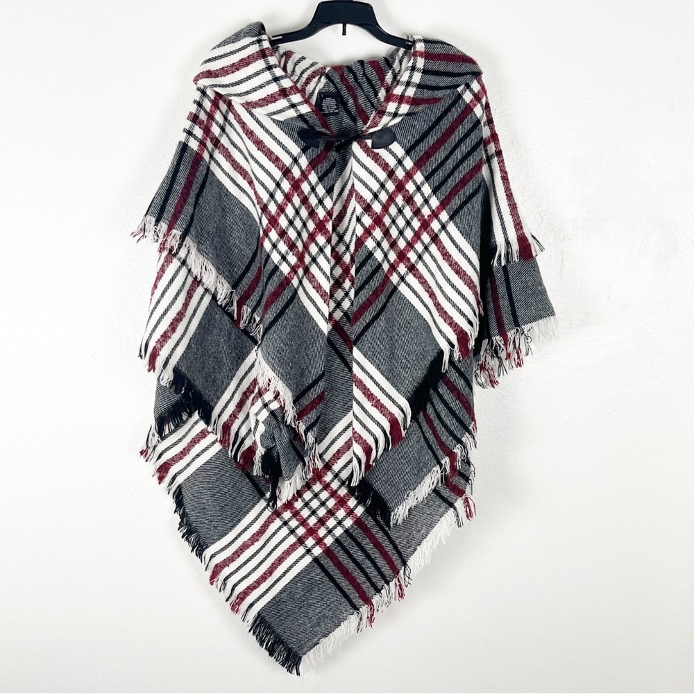 PLAID Fringe Hem Hoodie Front Closure Poncho One Size Cabincore Rustic Fall